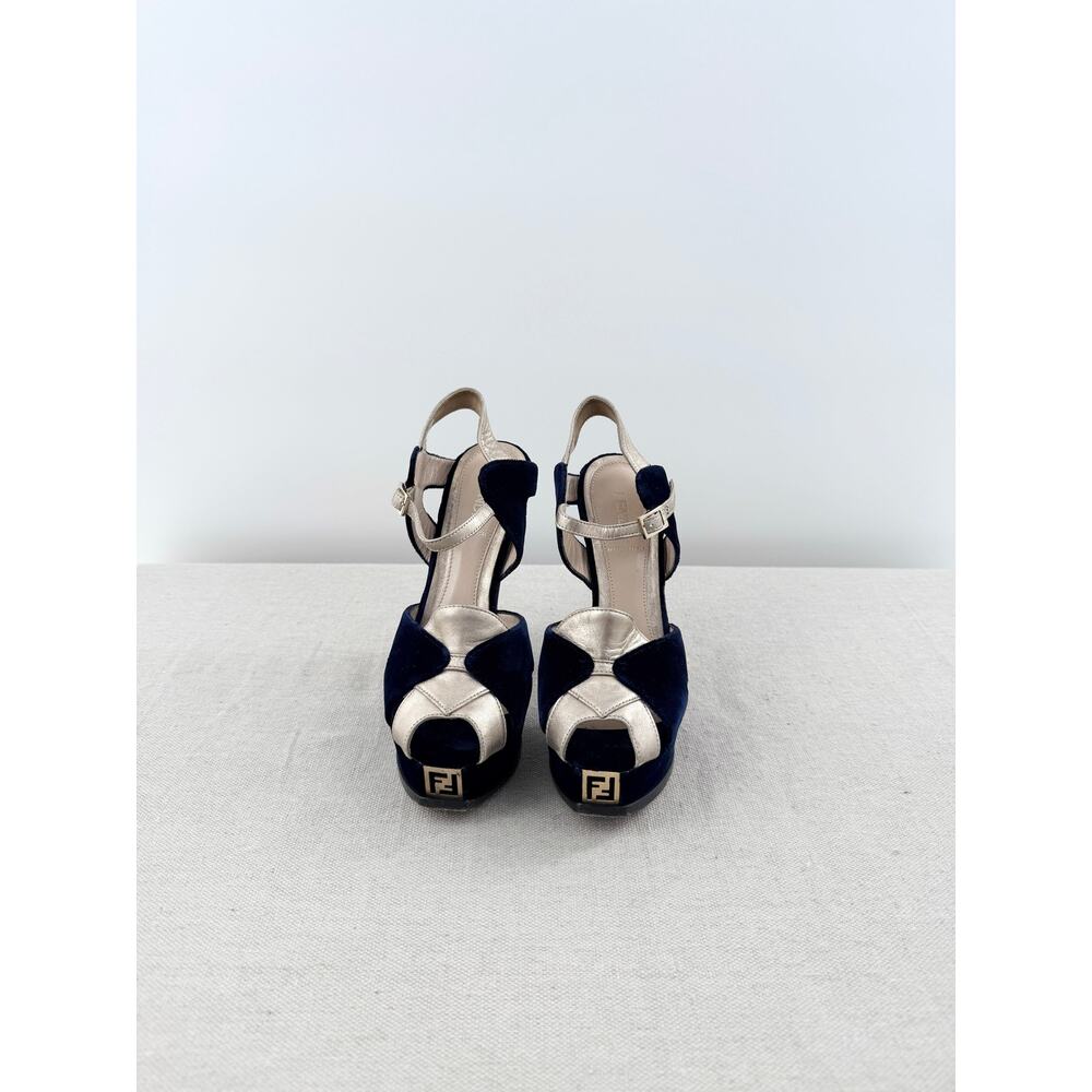 Fendi Velvet Colorblock FF Logo Slingback Platform Sandals Navy Blue Gold EU 36 - Picture 3 of 8